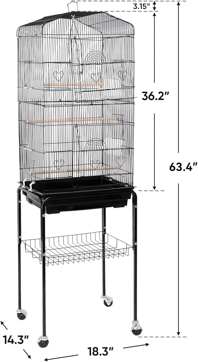 ZENY 63.4 Inch Bird Cage, Rolling Wrought Iron Parrot Cage with Side-Out Tray, Storage Shelf, Pet Bird House for Parrot Cockatiel Cockatoo Parakeet Macaw Finches
