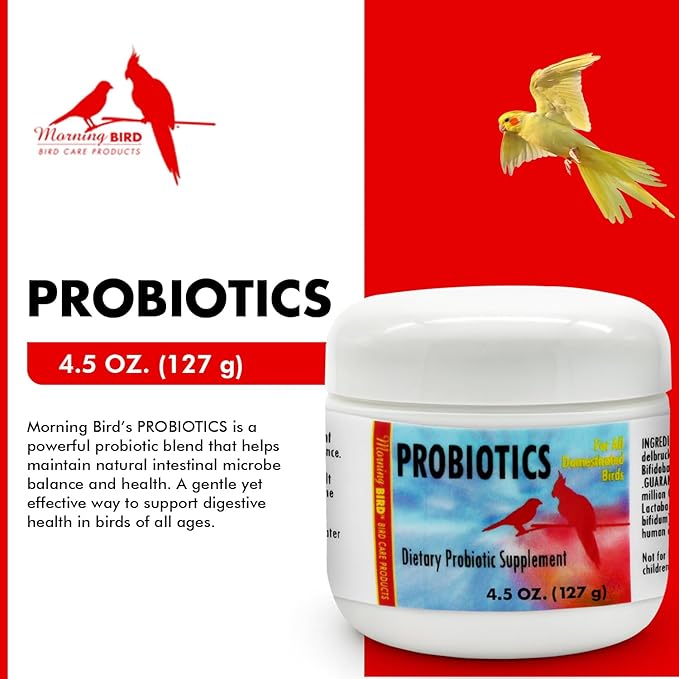 Morning Bird Probiotics for Birds 4.5 oz – Digestive Health Supplement Supporting Gut Balance, Nutrient Absorption & Immune Support – Easy Mix Powder Supplement for All Bird Species