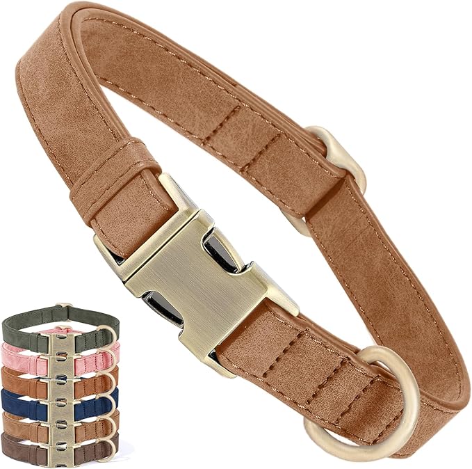 Genuine Leather Dog Collar - Adjustable Pet Collar with Quick Release Metal Buckle, Soft Skin Friendly Real Leather Collar for Small, Medium, Large Dogs (Brown, M：Fit 12-20" Neck)