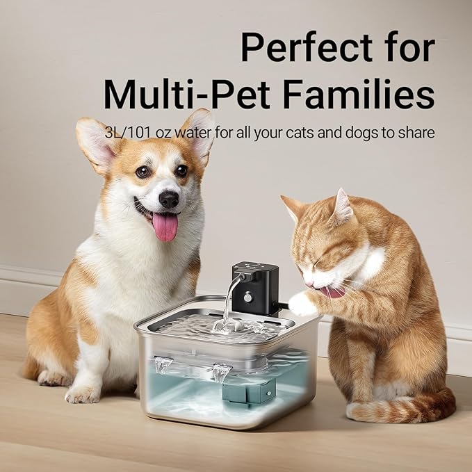 DownyPaws Cat Water Fountain Stainless Steel Wireless, 101 oz/3L FurSink Cordless Water Fountain for Cats, Battery Operated Cat Fountains for Drinking with Motion Sensor, Easy Clean, Metal