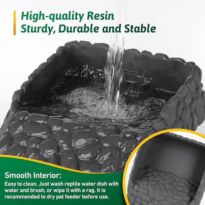 Reptile Water Dish Large Bearded Dragon Food Bowl, Rock Corner Water Dish for Reptiles Snake Water Bowl Feeding for Leopard Gecko Tortoise Lizard Tank Accessories, Terrarium Reptile Pool with Ramp