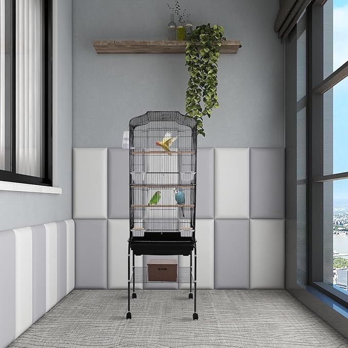 Freestanding Bird Cage Large Bird Cage with 4 Feeding Bowls & Waterer & 4 Universal Wheels & 2*Brake & Storage Rack & Slide-Out Tray & Mesh Panel Budgie Aviary for Balconies, in Homes, Shop（Black）