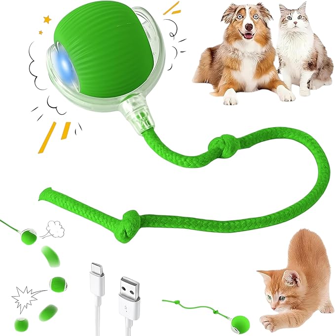 Interactive Electric Automatic Rolling Moving Rechargeable Self Play Stimulation Toy,Smart Pet Chase with Speedy Tail Rope for Bored Indoor Cats (Green)