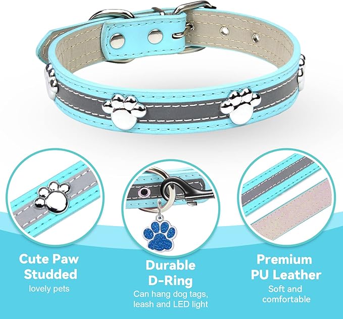 PETCARE Reflective Dog Collar with Cute Paw Rivet Studded Funny Soft PU Leather Adjustable Puppy Dog Collars for Small Medium Large Dogs Cats (Blue,Large)