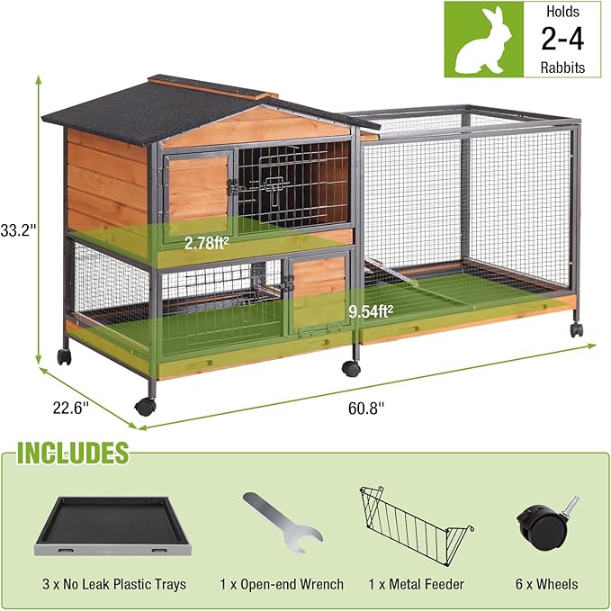 Gutinneen 2-Story Rabbit Hutch Indoor Bunny Cage Large Rabbit Cage Outdoor with Chew-Proof Full Metal Frame, Locking Wheels, 2 Pull-Out Trays for Rabbits, Guinea Pigs, Small Animals (Brown & Black)