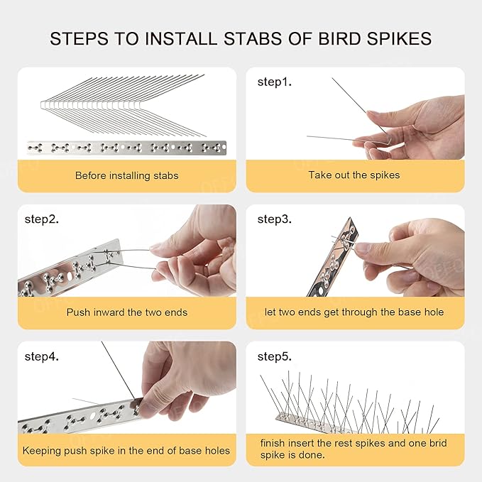 OFFO Bird Spikes with Stainless Steel Base, Durable Bird Spikes Arrow Pigeon Spikes Fence Kit for Keeping Small Bird, Crows and Woodpeckers Away, Covers 25 Feet(7.6m)