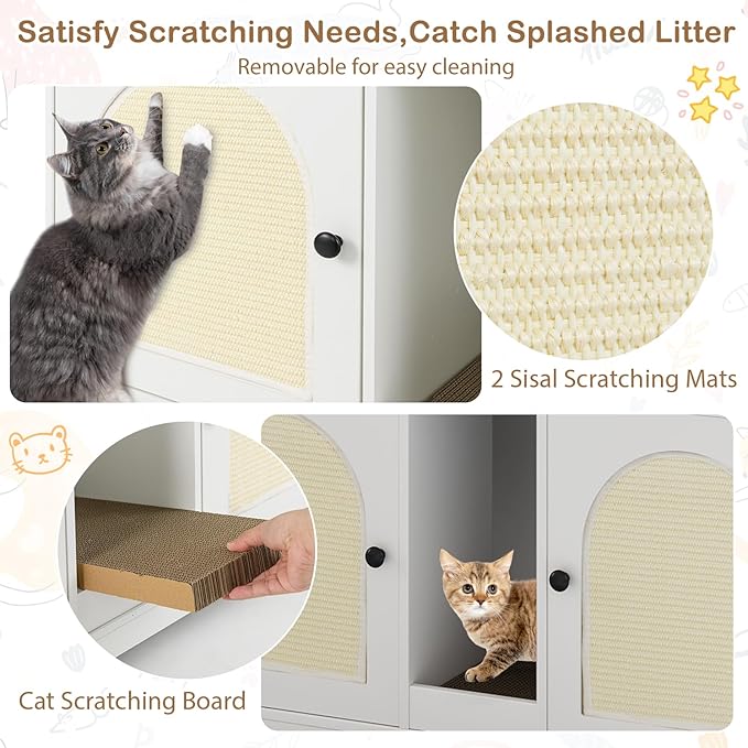 PETSITE White Double Litter Box Enclosure, 43 Inch Modern Cat Hidden Litter Box with Shelves, Double Rooms, Scratching Board, and 2 Sisal Mats, Indoor Wooden Kitten House End Side Table