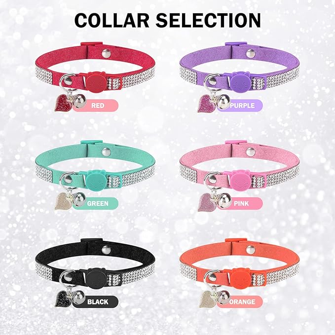 Rhinestone Cat Collar Breakaway with Bell, Diamond Cat Collar with Safety Buckle Quick Release for Girl Boy Small Kitten Pets Puppy,Cute Soft Female Male Cat Collars, Color Green 8-12"