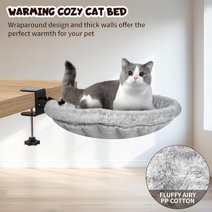 Cat Hammock Bed, 90° Foldable Cat Desk Bed, Adjustable Kitten Beds Up to 44 LBS, Durable Ergonomic Desk Cat's Beds Mount, Washable Soft Fabric Pet Desks Nest Beds for Home, Office, Room and Study