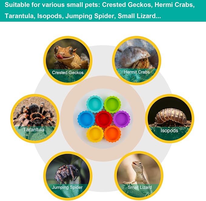 7 Pack Crested Gecko Food and Water Bowl, Eudimysx Reusable Small Reptile Feeding Dish, Gecko Tank Accessories for Hermit Crab, Tarantula, Isopods and Lizard, Silicone Easy Clean & 7 Colors