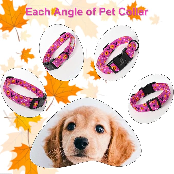 Halloween Dog Collar, Cute Pumpkin Bat Pattern Halloween Purple Puppy Collar, Soft Adjustable Cotton Dog Collars for Small Medium Large Boy&Girl Dogs XL