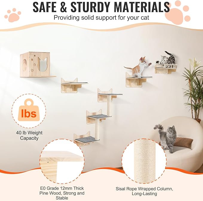 VEVOR Wall Mounted Cat Shelves and Perches with Jumping Boards, Nest, Barrier Board & Tree, Floating Furniture up to 40 lbs for Sleeping, Playing, Climbing, Set of 5
