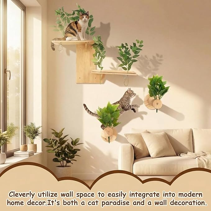 Novabright 3 Pcs Cat Wall Shelves Set, Double-Layer Platform Cat Wall Furniture & 2 Wood Scratching Steps, Wall-Mounted Space-Saving Climbing System for Indoor Kitty, Easy Install