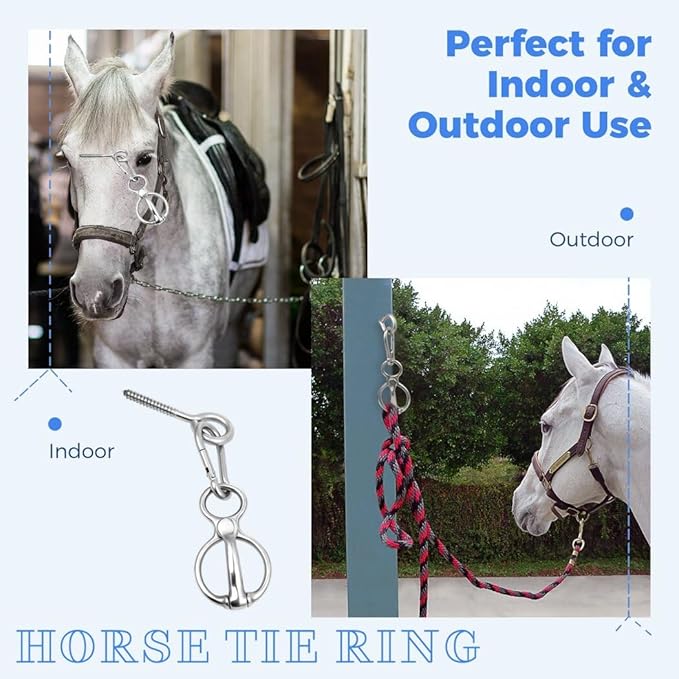Homaisson 4 PCS Horse Tie Rings, Horse Tie Ring with Quick Snap and Eye Bolt, Heavy Duty Stainless Horse Tack and Supplies, Magnetic Safe Horse Tie Ring, Horse Training Equipment for Pulling Back