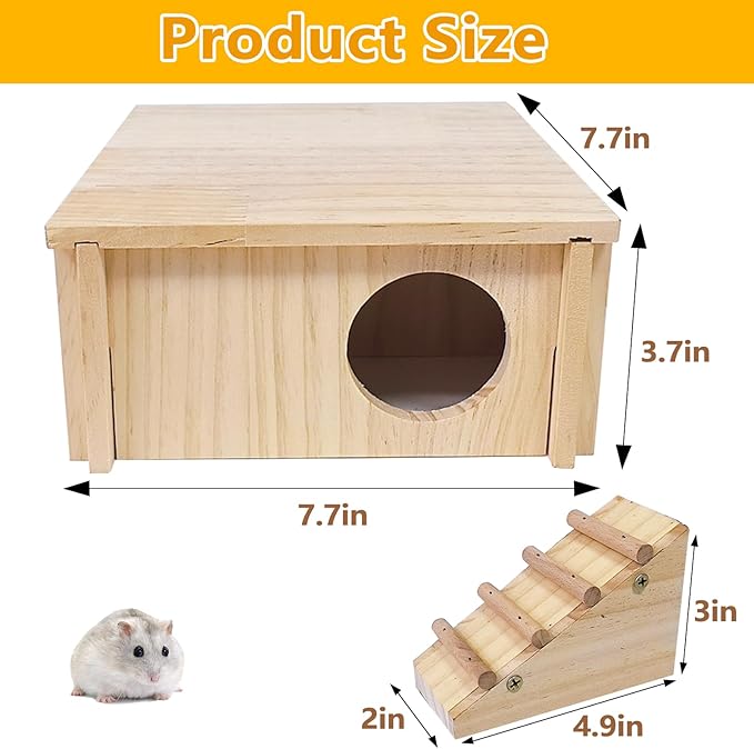 Hamster Wooden House with Ladder Small Animal Hideout Activity Platform Exercise Climbing Hut Natural Living Wood Room for Hamster Gerbil Mice Rat