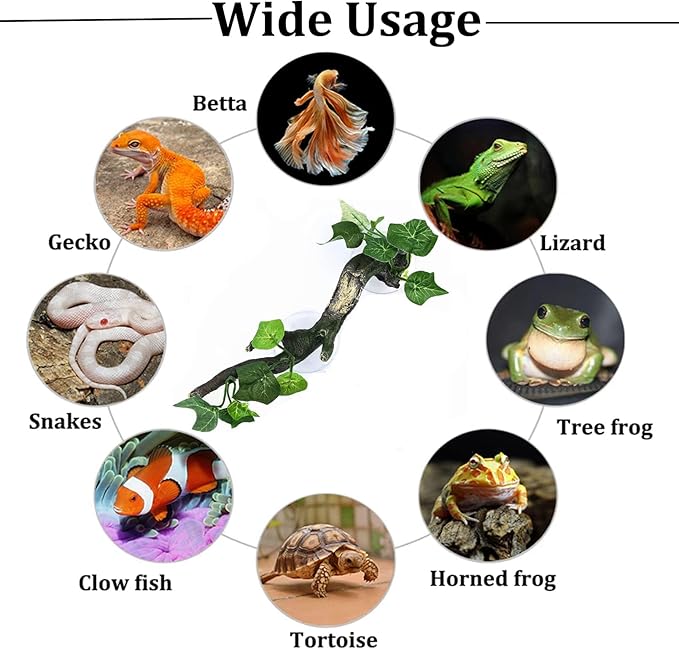PINVNBY Reptile Corner Branch Resin Climb Tree Branch Decor with Leaves Terrarium Plant Decoration with Suction Cup Gecko Plant Ornament for Amphibian Lizard Snake Climbing (1 Pcs)
