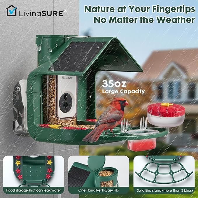 LivingSURE 2-in-1 Smart Bird Feeder with Camera Outdoor Solar Powered Smart Birdfeeder Live Stream Video Camera with AI Recognition for Outside Wild Birds Garden Decor - Bird Lover Gifts