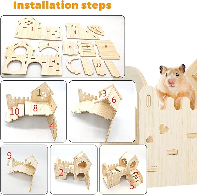 Wooden Dwarf Hamster House, Hamster Tiny House Hideout, Hamster Maze House, Large Balcony Lookout Holes, Easy to Assemble, Detachable Parts, Secure Hideaway, E