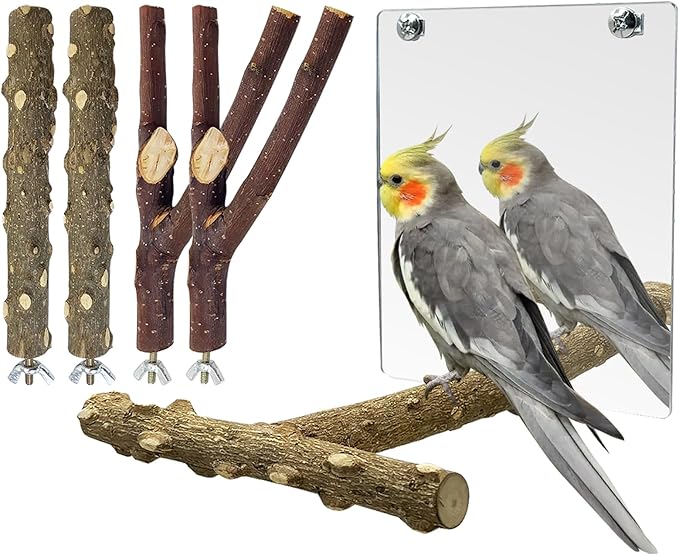 BNOSDM 5PCS Bird Perches Stand with Mirror Parrot Natural Wood Stick Perches Forked Perch Branch Parakeet Toy Set Bird Cage Accessories for Budgie Cockatiel Conure Finch Lovebird