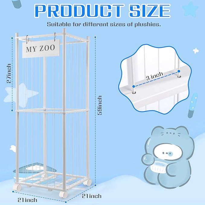 Stuffed Animal Storage Zoo with Wheels, Wooden Stuffed Animal Organizer with Elastic Cords, Space Saving Toy Plushies Storage Holder for Playroom, Bedroom, Living Room(White, Large)