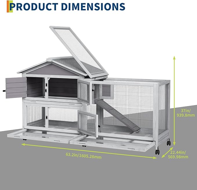 Rabbit Cage with Weatherproof Roof, Bunny Cage with 6 Lockable Caster Wheels & Pull-Out Tray, Rabbit Hutch for Indoor Outdoor Use, Grey（63.2" l x 22.4" w x 37"）