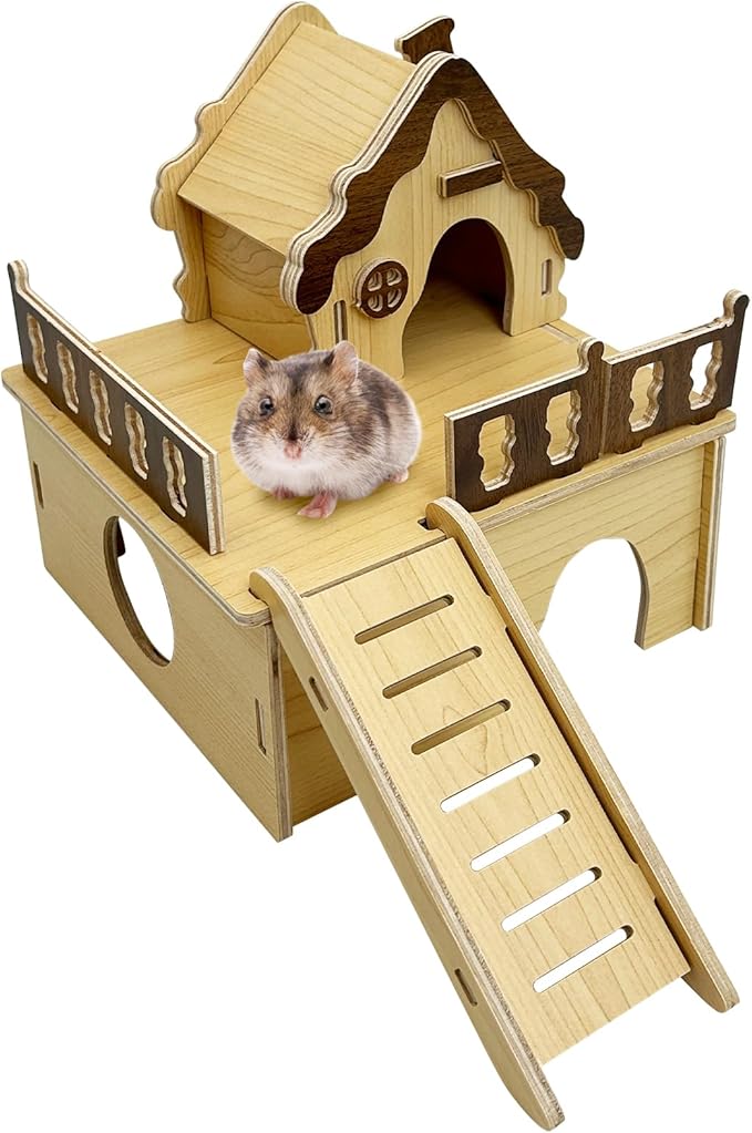 Hamiledyi Wooden Hamster House Hideout Mouse House with Ladder and Platform Cute Habitat Hut Small Animals Cage Accessories for Dwarf Hamster Mice Gerbil and Other Similar Sized Animals