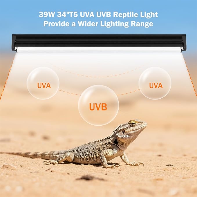 T5 10.0 UVB Reptile Light Fixture, T5 UVA UVB Light Tube Lamp Blub 39W 34" for Bearded Dragon, Tortoise,Desert Lizards,Leopard Gecko,Reptile & Amphibian Lamp