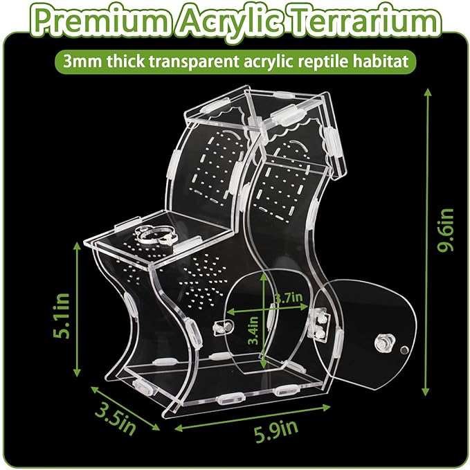 Premium 3mm Acrylic Terrarium for Jumping Spiders & Tarantulas | 5.9"x9.4"x3.5" Tall Arboreal Enclosure with Magnetic Doors & 1mm Micro-Vents | Escape-Proof Habitat for Mantis, Reptiles, Frogs