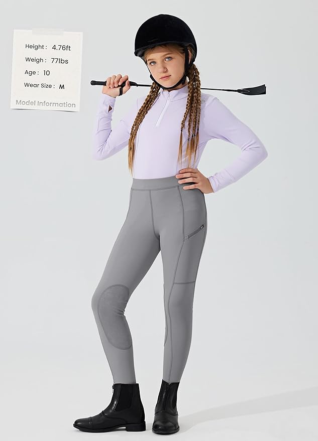 Willit Girls Horse Riding Pants Tights Kids Equestrian Breeches Knee-Patch Youth Schooling Tights Zipper Pockets