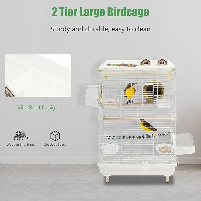Two-Tier Bird Cage White Large Birdcage with Stand Food Containers Flight Cage for Parrot Lovebirds Finches Canaries Pigeons Parakeets Cockatiels
