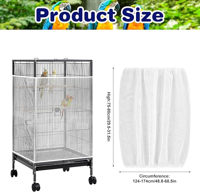 Universal Bird Cage Seed Catcher Net, White Adjustable Birdcage Mesh Cover, Stretchy Band Skirts Bird Cage Net for Parrot Cages Stops Scatter, Breathable & Reusable