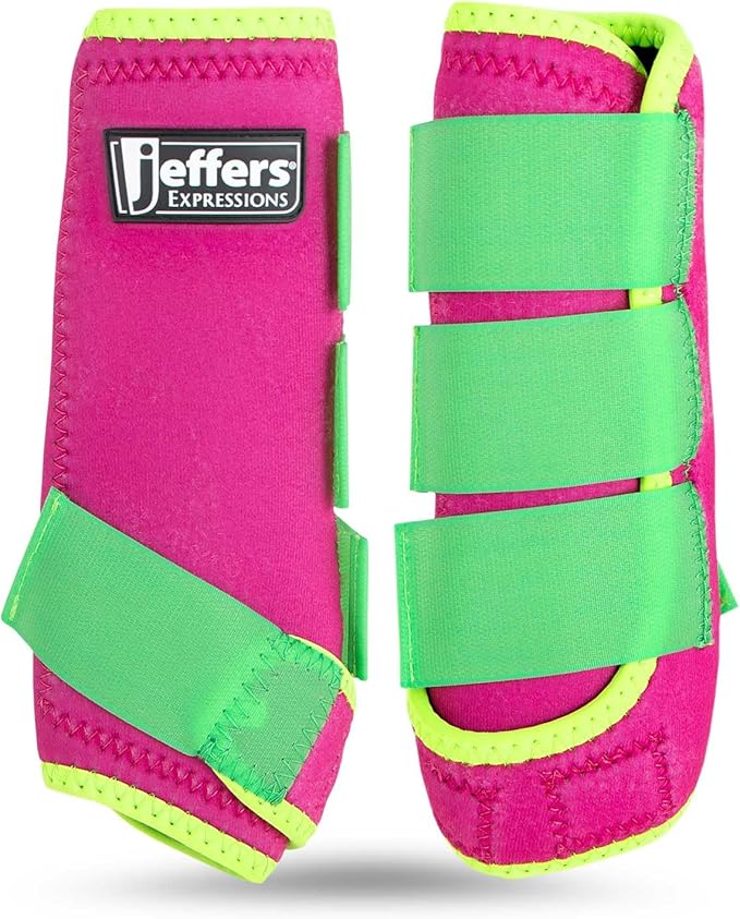 Jeffers Expression Neon Protective Horse Boots,1 Pair, Pink & Lime - Safe Neoprene Leg Guards, Durable Strap Closures, Front & Hind Support, Equestrian Accessories for Travel & Riding - Large