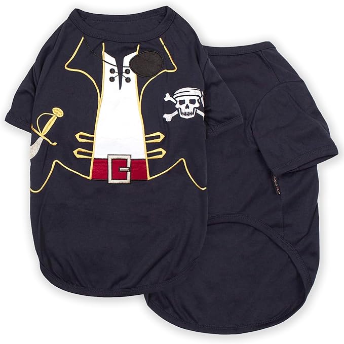 Parisian Pet Captain Sparrow Dog Shirt - Embrroided Dog Pirate Costume - 100% Cotton & Polyester Dog Pirate Captain Shirt - Sleeved Dog Clothes - Black Dog Shirts for Medium Dogs - Pet Costumes - M