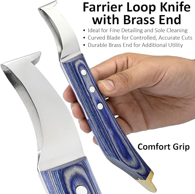 Premium Farrier Loop & Hoof Knife with Brass End – Professional Hoof Trimming Tool for Horses, Cows & Livestock, Stainless Steel Blade, Ergonomic Wood Handle (Blue)