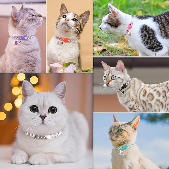 Rhinestone Cat Collar Breakaway with Bell, Diamond Cat Collar with Safety Buckle Quick Release for Girl Boy Small Kitten Pets Puppy,Cute Soft Female Male Cat Collars, Color Green 8-12"