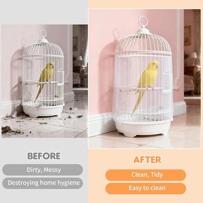Bird Cage Cover, Circumference 40-68 inches Bird Cage Seed Catcher, White Bird Cage Net Cover, Adjustable Bird Cage Netting for Parrot Enclosures, Round Square Cages