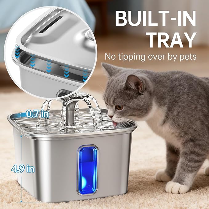 Veken Innovation Award Winner Stainless Steel Cat Water Fountain, 108oz/3.2L Automatic Pet Fountain Dog Water Dispenser with Replacement Filters & Silicone Mat for Cats, Dogs, Multiple Pets (Silver)