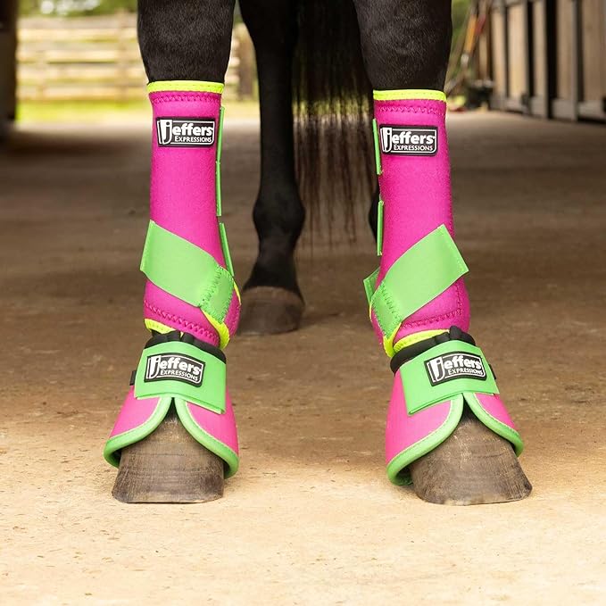 Jeffers Expression Neon Protective Horse Boots,1 Pair, Pink & Lime - Safe Neoprene Leg Guards, Durable Strap Closures, Front & Hind Support, Equestrian Accessories for Travel & Riding - Medium