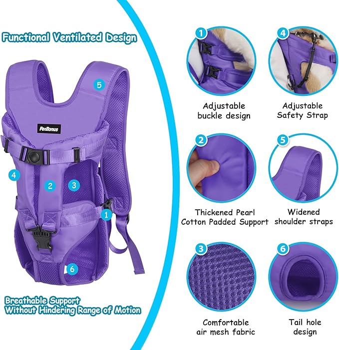 PetBonus Pet Front Dog Carrier Backpacks, Adjustable Pet Backpack, Legs Out Easy-fit Puppy Chest Carrier for Medium Small Dogs, Hands Free for Hiking, Cycling (Purple, S)