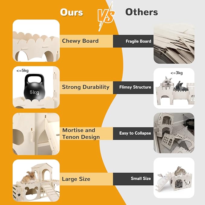 Large Rabbit Castle, Wooden Bunny House & Hay Feeder, Detachable Rabbit Hideaway, Indoor Rabbit Castle with Ramp, Small Animal Houses & Habitats