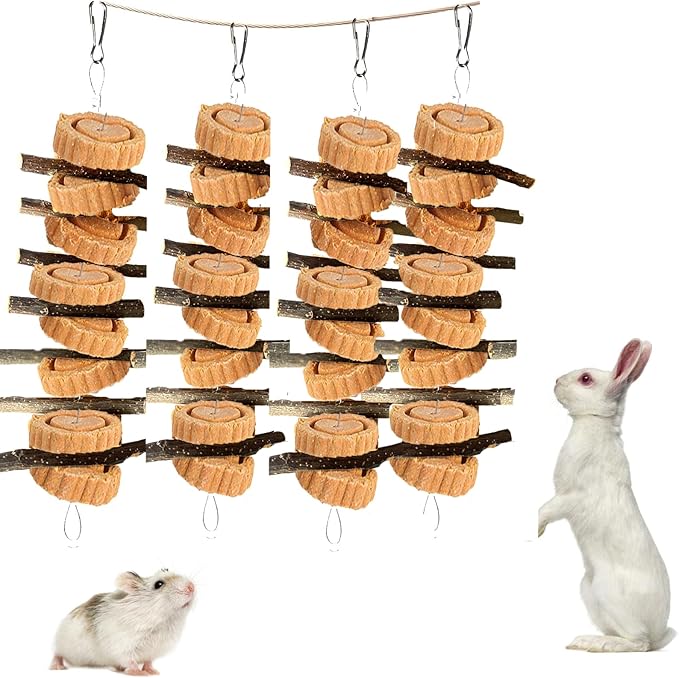 kathson Natural Small Animal Chew Toys for Teeth,4 PCS Rabbit Hanging Chewing Treats with Natural Organic Apple Stick Timothy Grass Carrot Cake for Hamsters Squirrel Guinea Pig Rabbits