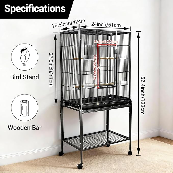 53 Inch Bird Cage with Wooden Perches, Standing Wrought Iron Birdcage with Wheels, Large Parrot Cage Bird Cages with Slide-Out Tray Water Bottle Feeder for Parakeets,Cockatiel, Canary,Pigeons