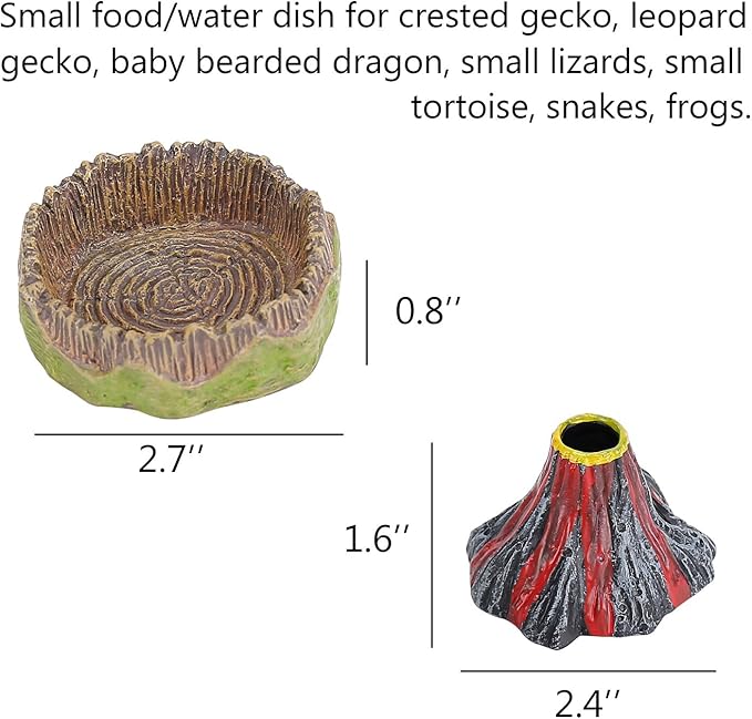 Small Reptile Feeding Dish 2Pack Gecko Food Water Dispenser Worm Bowl with Resin Volcano Decor for Terrarium Leopard Crested Gecko Juvenile Bearded Dragon Lizards Cricket Dubia Feeder