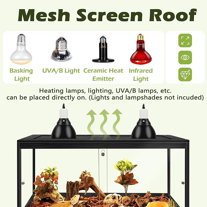 PROLEE Bearded Dragon Tank,60 Gallon Reptile Tank with Meatl Mesh Roof and Front Sliding Door, Lizard Tank,Spacious Reptile Enclosure for Snakes,Lguanas, Chameleons (Black)