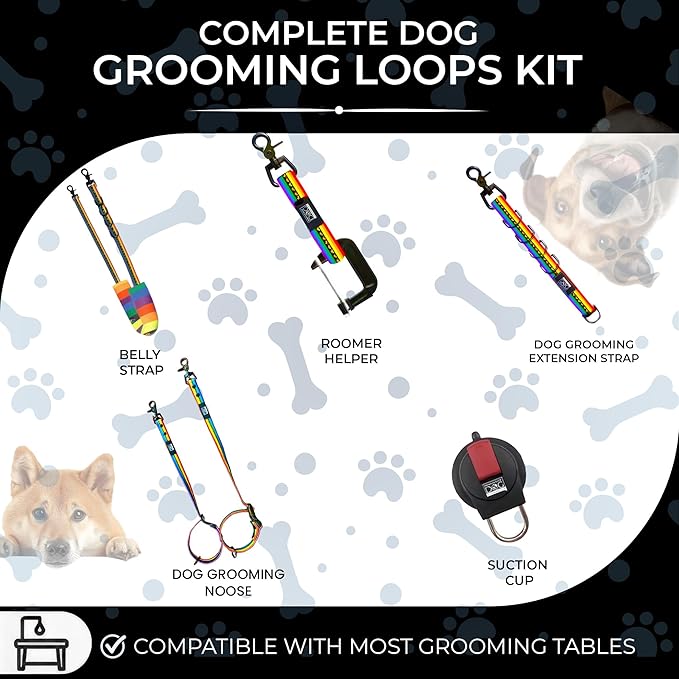 Prestige Elite - Grooming loops for Dogs, Groomers Helper, Grooming Loops for Pet Groomers Adjustable Bio Thane Dog Grooming Loop, Belly Strap, Grooming Noose, Waterproof Extension Strap & Suction Cup