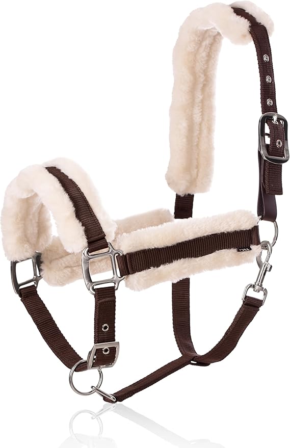 Equinavia Valkyrie Ultra Fleece Breakaway Horse Halter | Padded Fleece Adjustable Safety Halter with Nylon Webbing - Brown/Ivory White - Warmblood