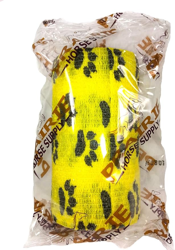 Vet Wrap Wrap Tape (Yellow with Paw Prints) (2 Pack) (3 Inch x 15 feet) Self Adhesive Adherent Adhering Cohesive Flex Self Stick Bandage Grip Roll Dog Cat Pet Horse