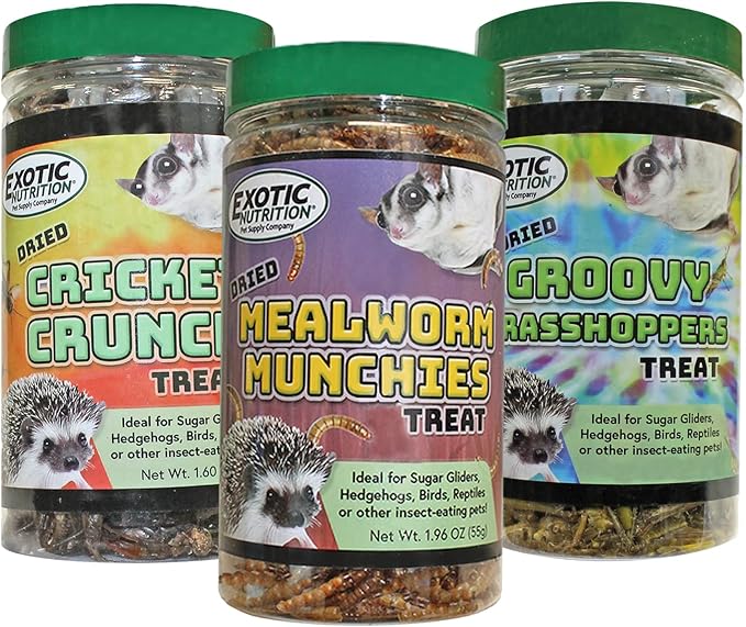 Exotic Nutrition Dried Insect 3 Pack - Crickets, Grasshoppers, Mealworms - for Sugar Gliders, Hedgehogs, Wild Birds, Chickens, Turtles, Tropical Fish, Reptiles…