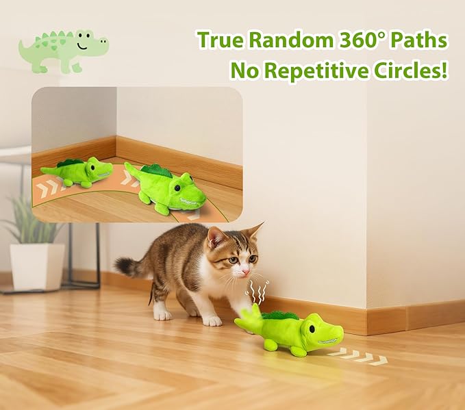 Interactive Cat Toys for Indoor Cats - Self-Charging Croc Chase Toy with 360° Motion, Wagging Tail & Catnip, Automatic Exercise Toy for Bored Kittens/Adults(Smooth Fur)