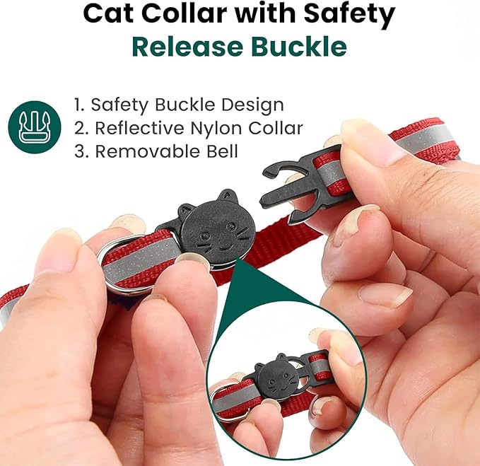 Cat Collar with AirTag Holders, 3-Pack, Reflective Breakaway Safety Collars, Bells and Matching Charms, Adjustable, Paw Hearts, Moon Stars Design, Lucky Charm, Red